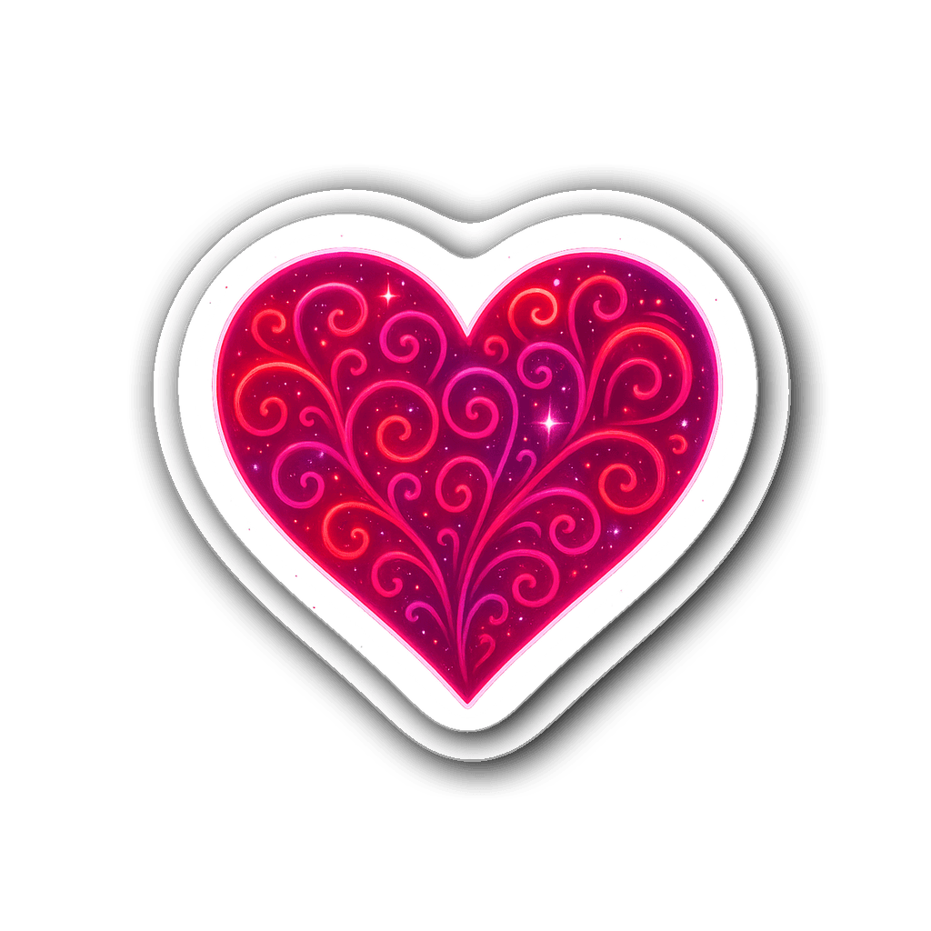 Neon glowing heart sticker with swirls in vibrant colors