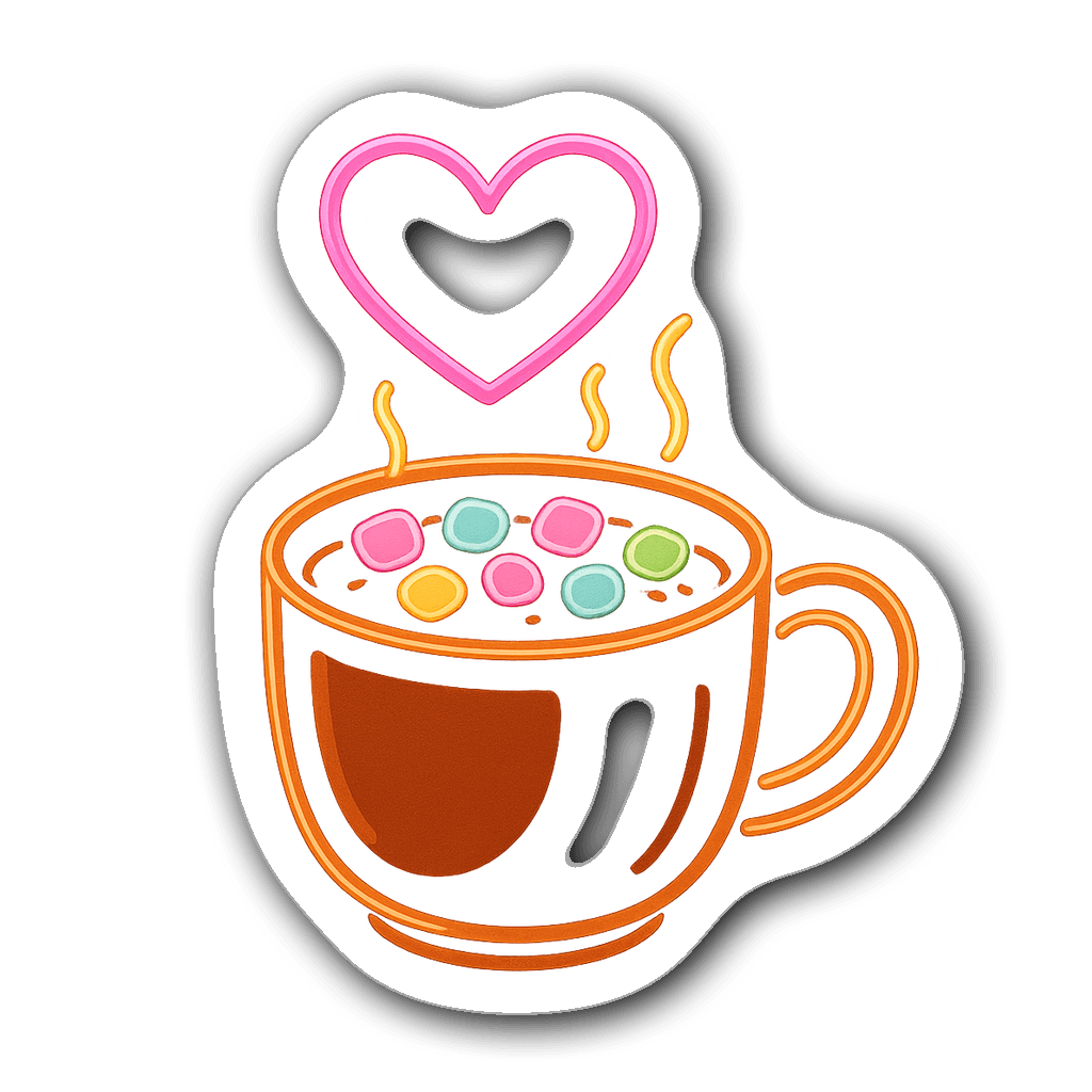 Cute hot cocoa sticker with neon glow and heart