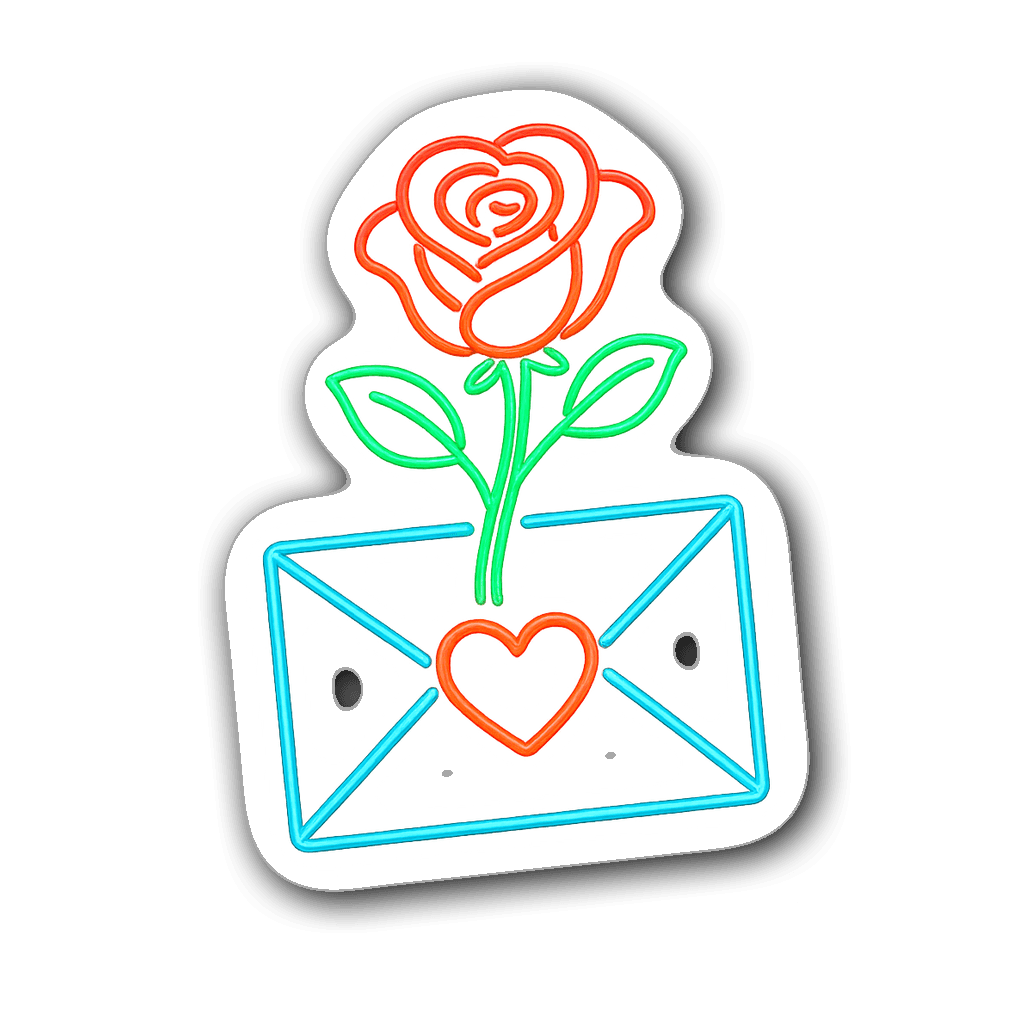Neon glowing rose above a love letter with a wax stamp