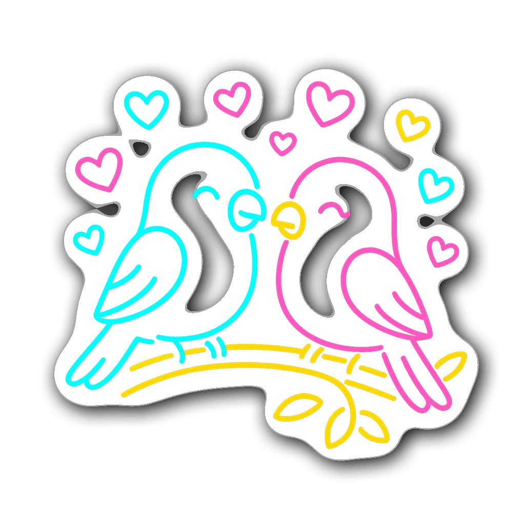 Neon outline lovebirds on a branch with glowing hearts