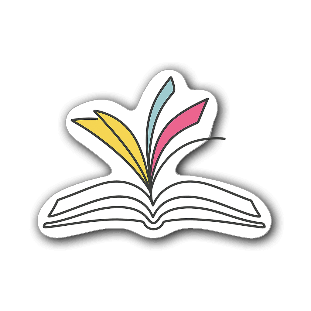 Minimalist open book sticker with colorful pages in line art.