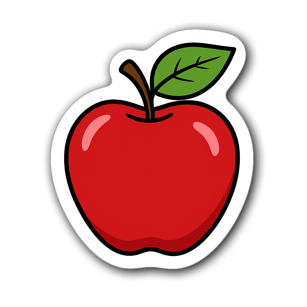 Minimalist apple sticker with green leaf on transparent background