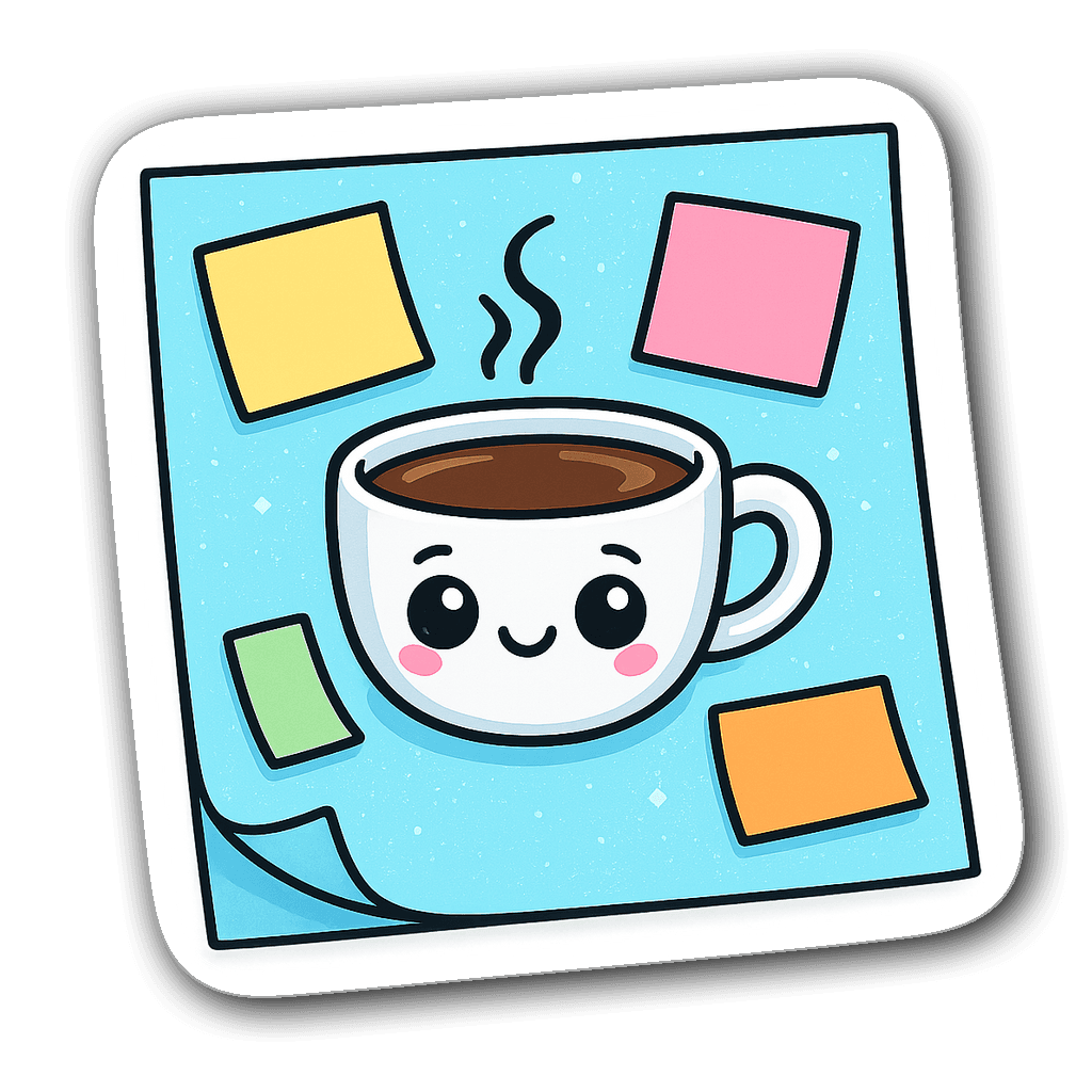 Cute coffee cup character on a sparkling blue sticky note