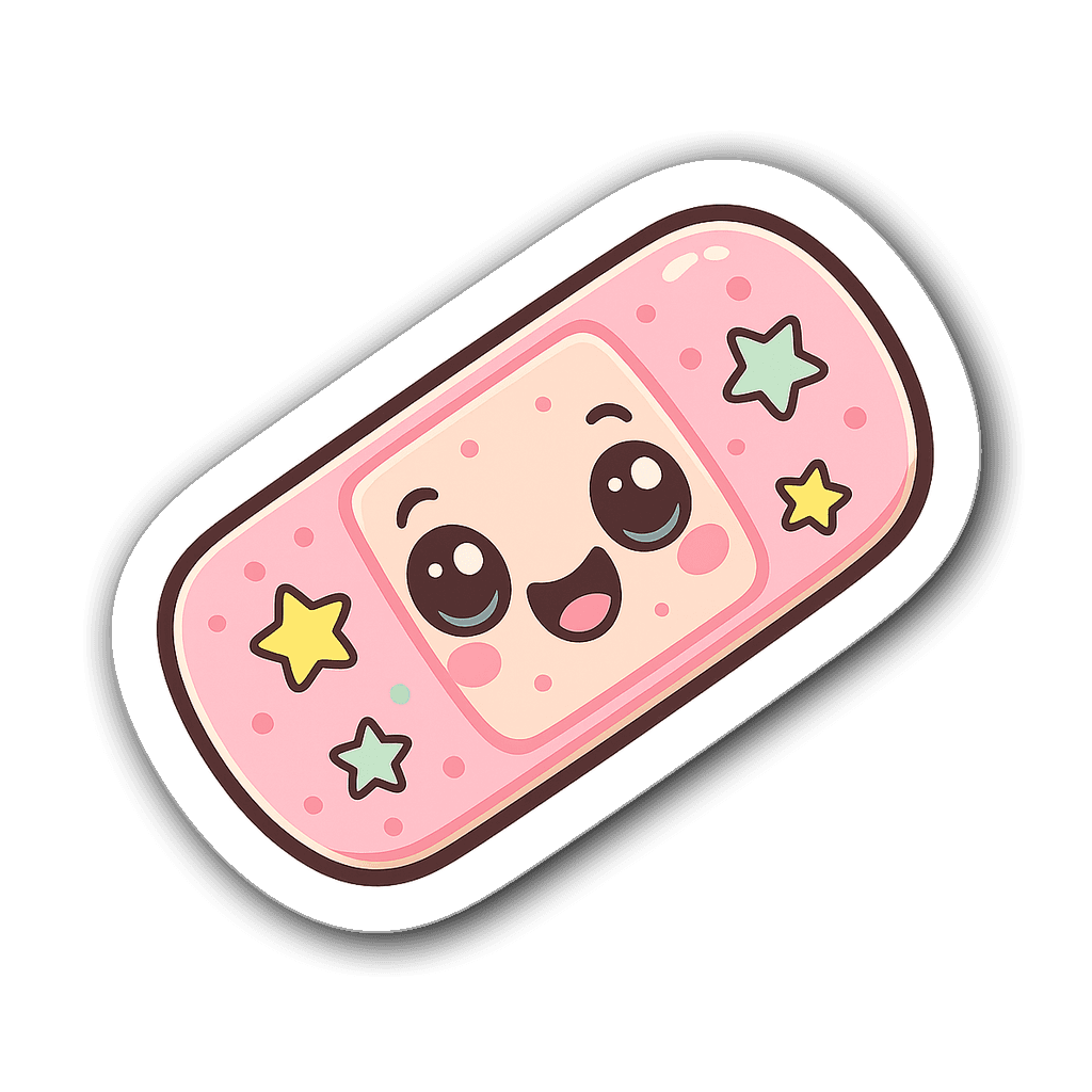Cute cartoon bandaid character with sparkly eyes and stars
