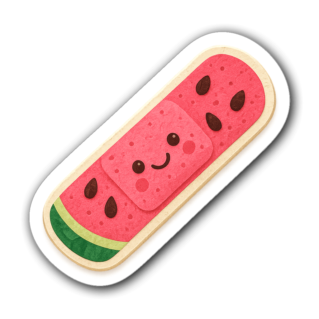Whimsical watermelon slice band-aid sticker with a smiling face