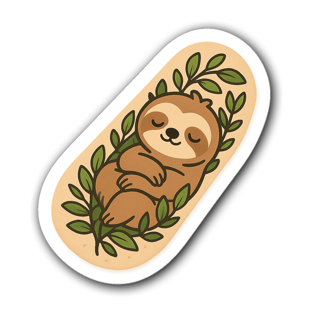 Sloth bandaid sticker with leafy vines and serene expression