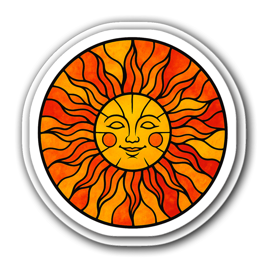 Whimsical stained glass window decal of a radiant sun