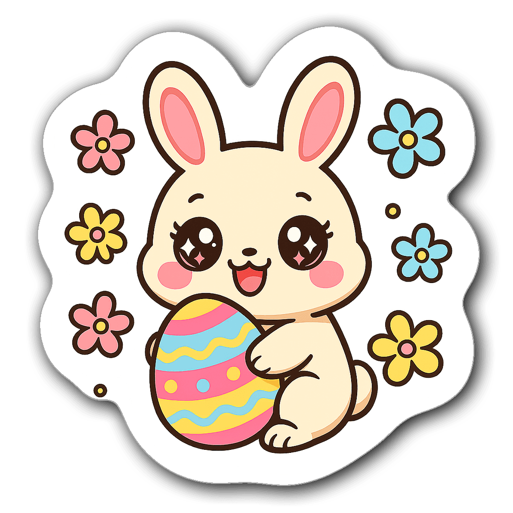 Kawaii chibi bunny holding colorful Easter egg with flowers