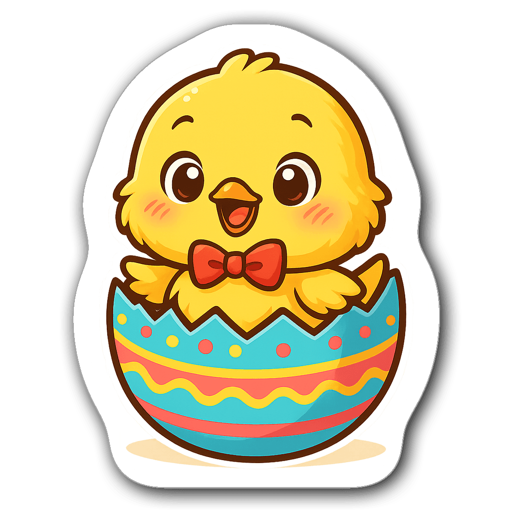 Kawaii chibi chick hatching from a decorative Easter egg