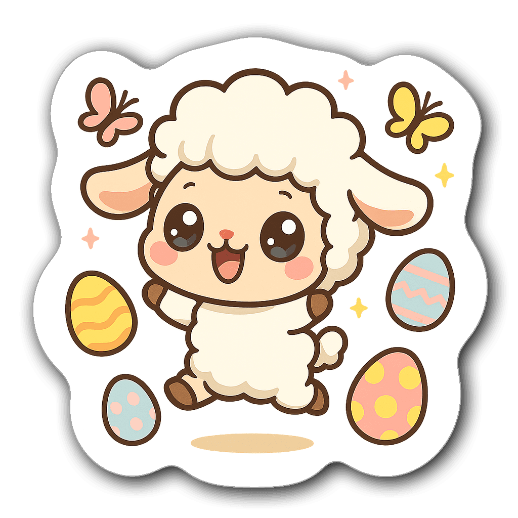 Kawaii chibi lamb jumping with Easter eggs and butterflies