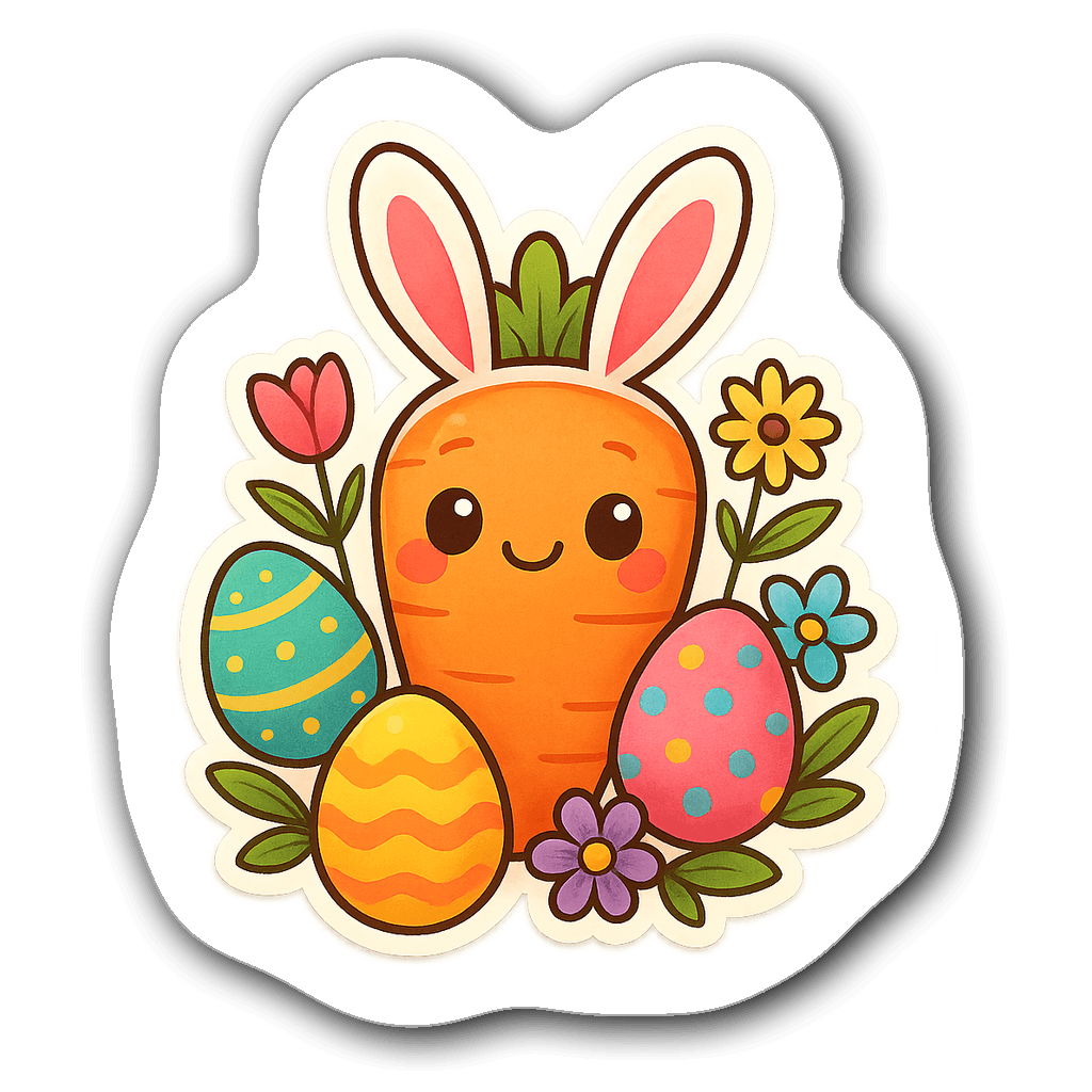 Kawaii chibi sticker of a smiling carrot with bunny ears and eggs