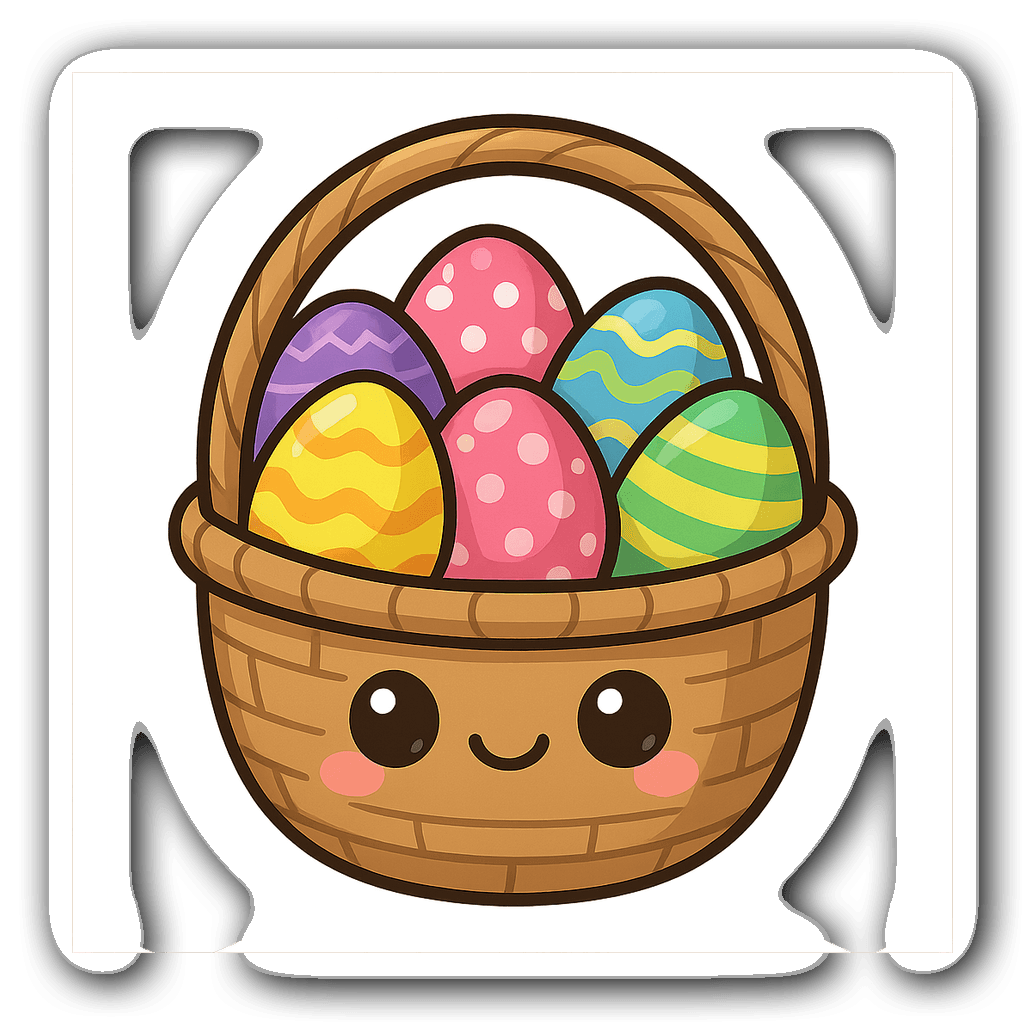 Kawaii chibi basket overflowing with colorful Easter eggs