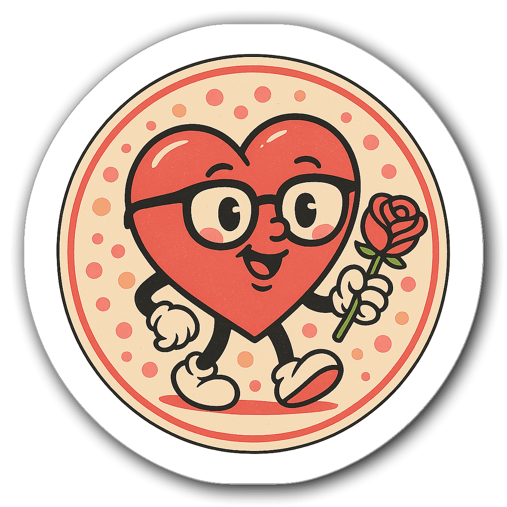 Retro vintage badge sticker featuring a heart character with glasses