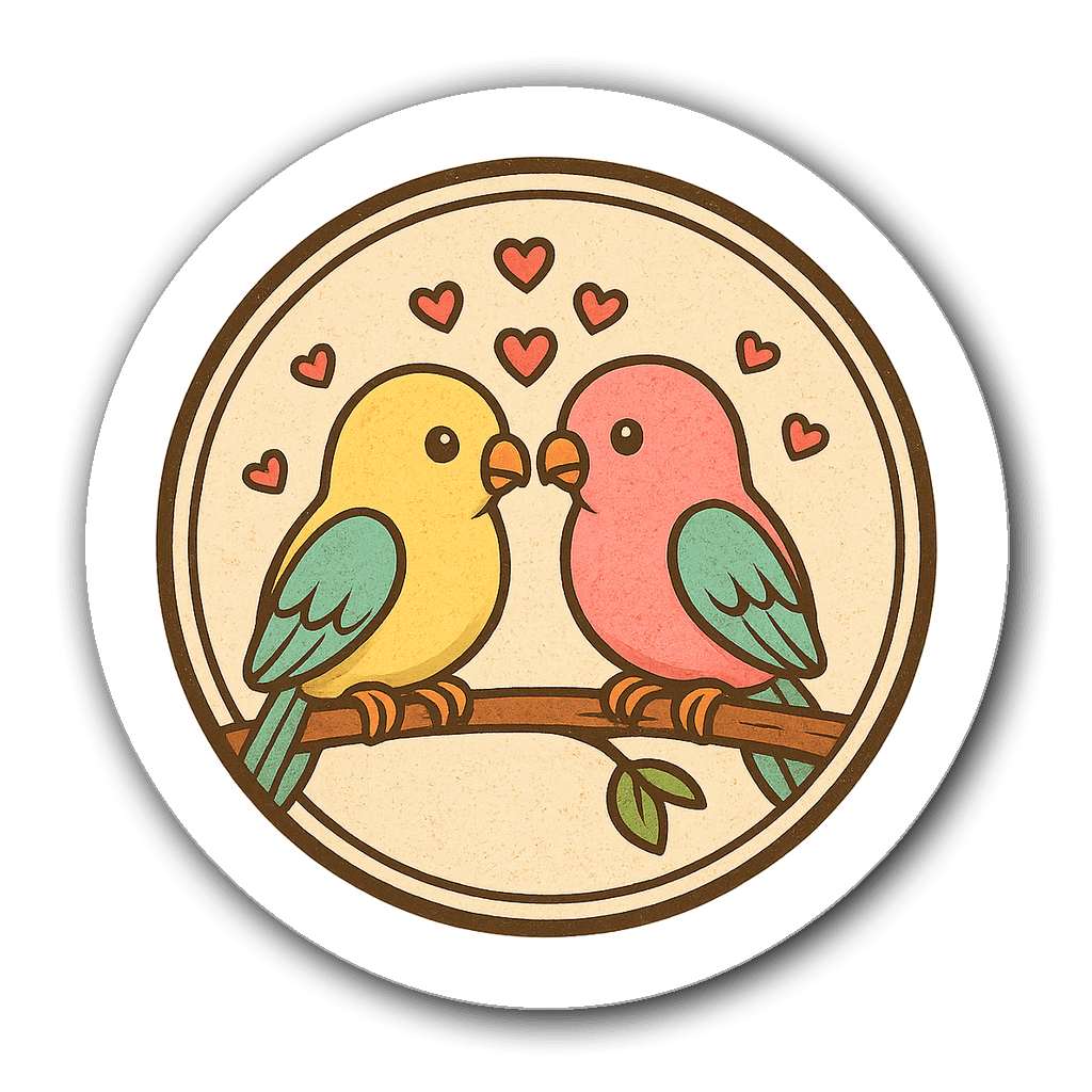 Vintage lovebirds perched on a branch with hearts sticker design