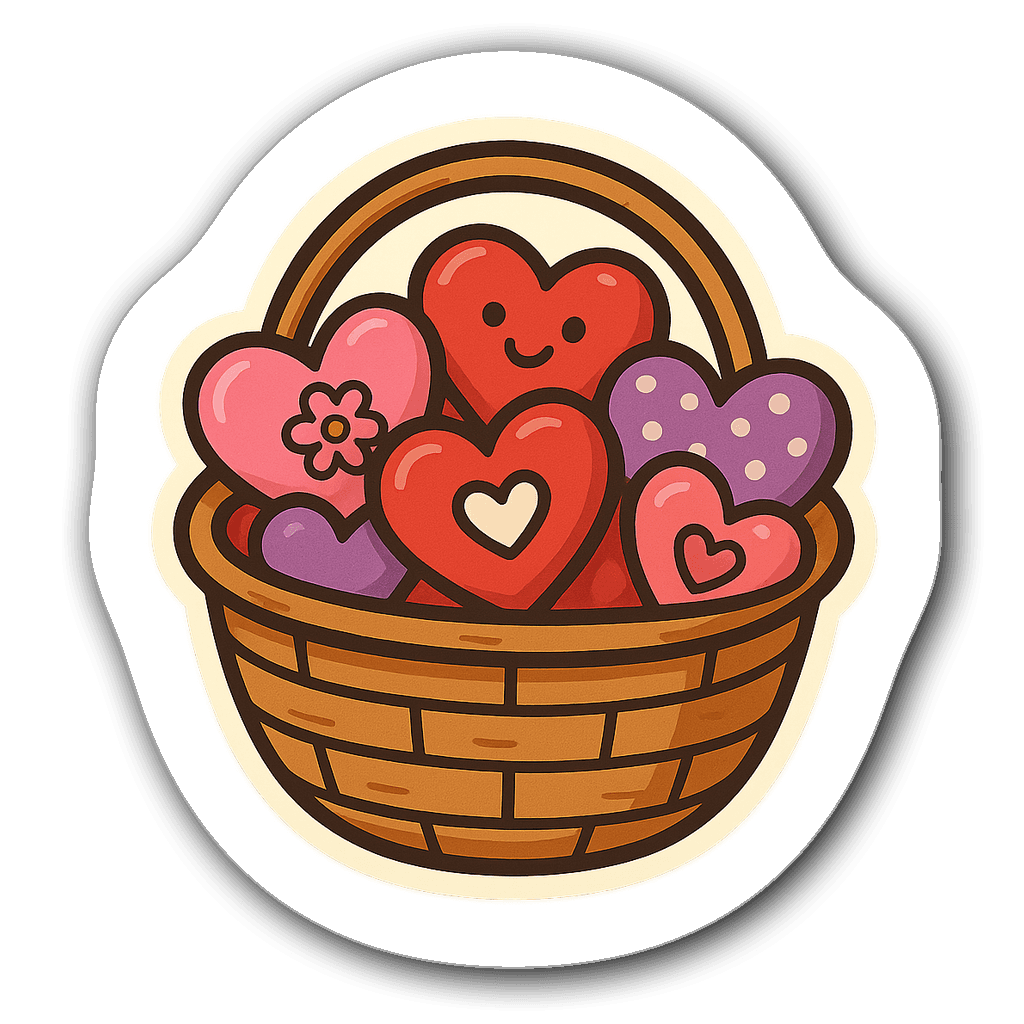 Retro badge sticker of a basket filled with heart-shaped candies