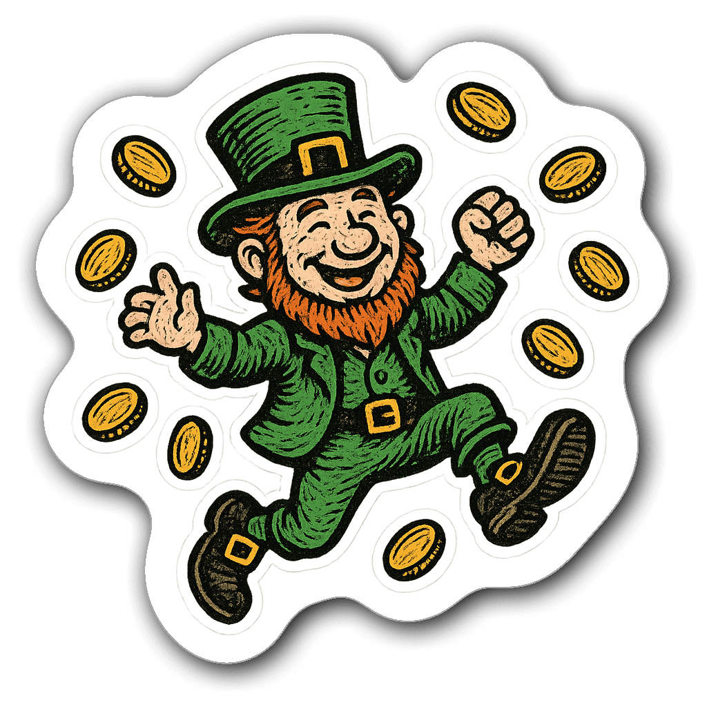 A joyful leprechaun jumping with gold coins, die-cut sticker