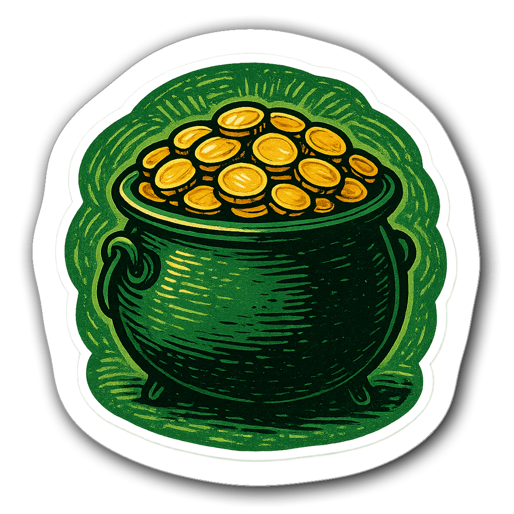 Die-cut sticker of a pot of gold overflowing with coins in green and gold