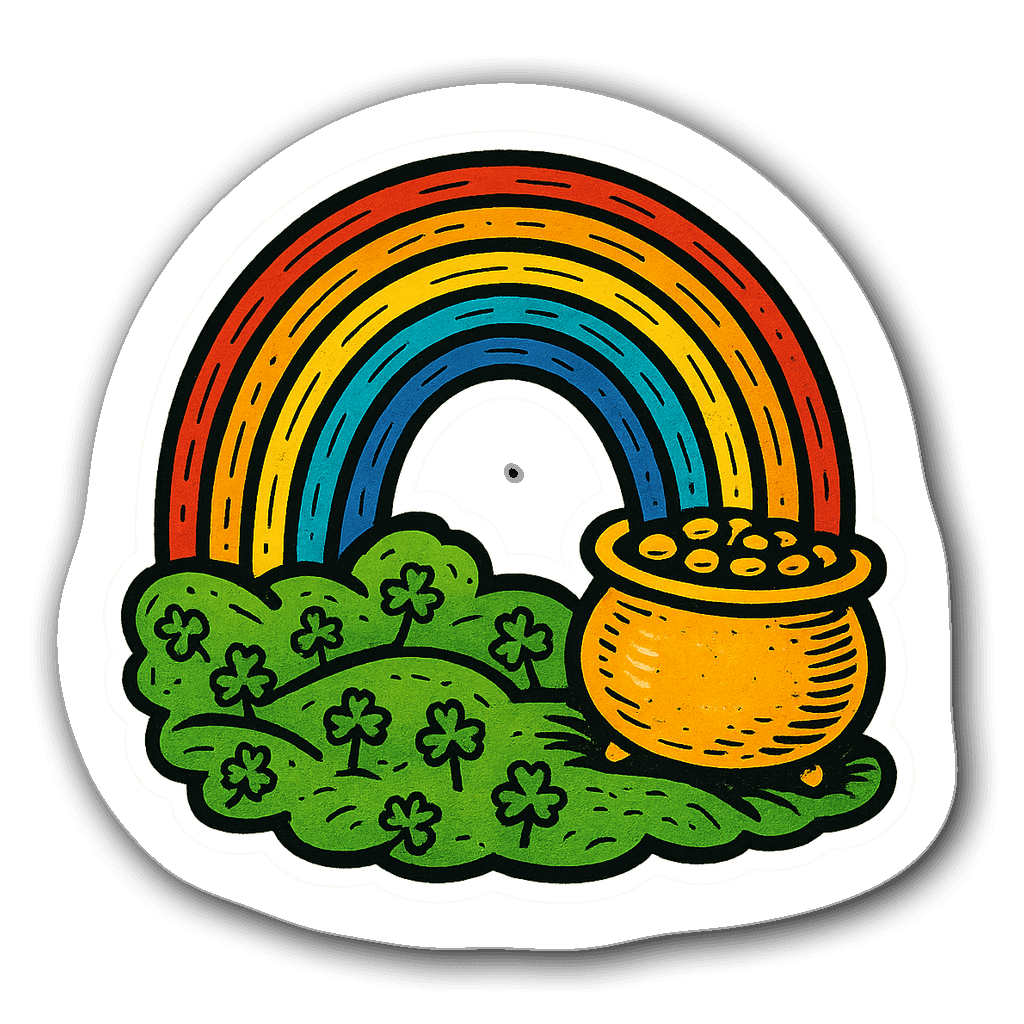 Colorful die-cut sticker of a rainbow and shamrocks
