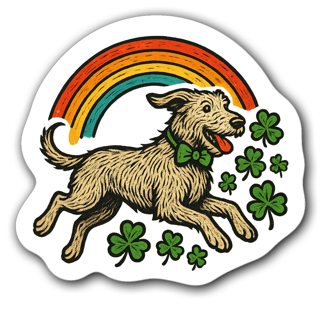 Irish wolfhound with green bowtie, shamrocks, and rainbow sticker