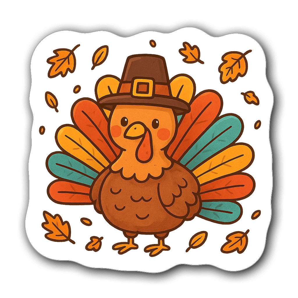 Whimsical turkey wearing a pilgrim hat surrounded by autumn leaves