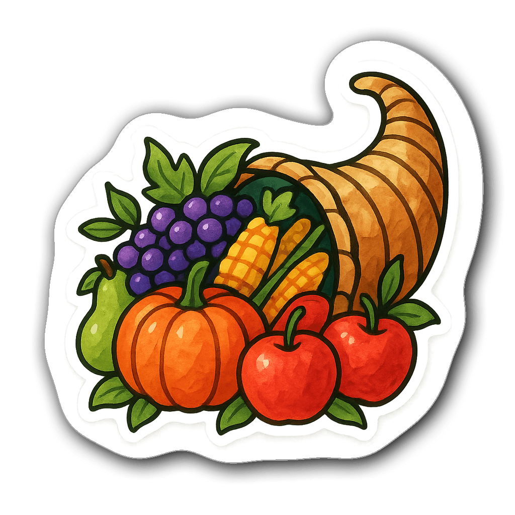 Watercolor sticker of a cornucopia with fruits and vegetables