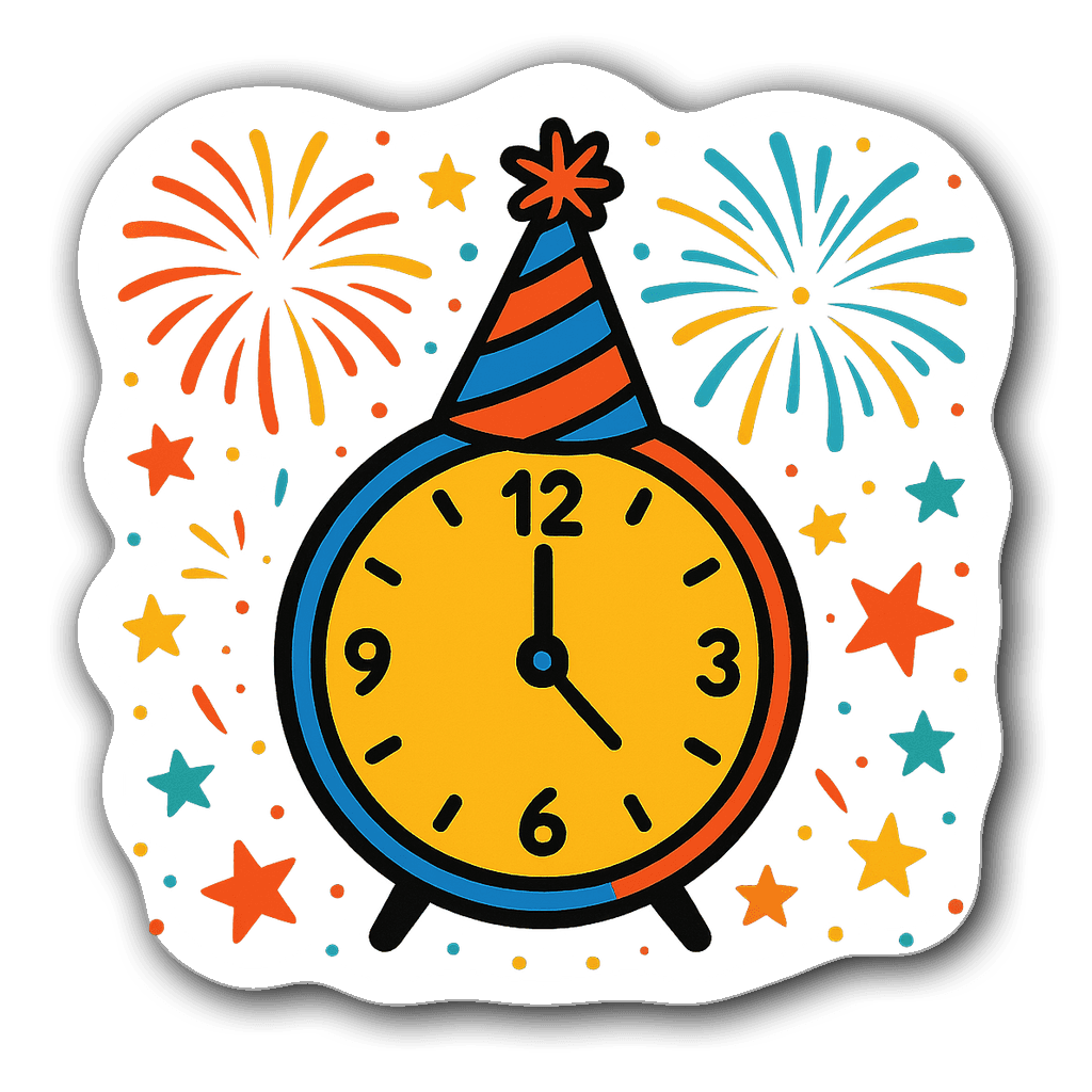 New Year's Eve sticker with clock, fireworks, and stars