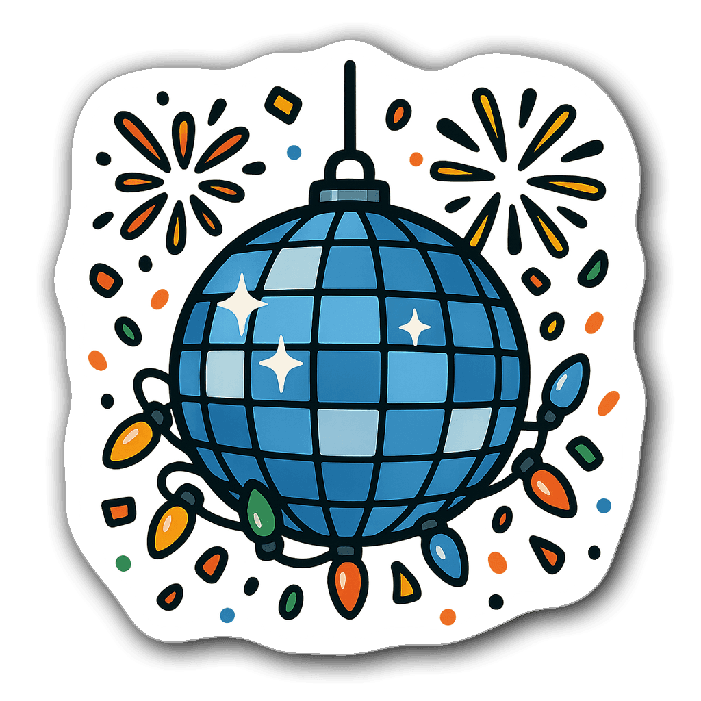 Playful cartoon-style disco ball sticker with confetti