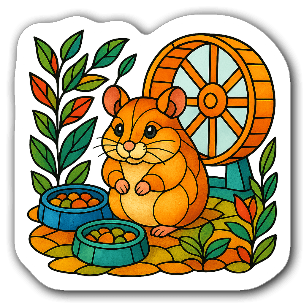 Stained glass hamster in a cozy habitat with colorful details