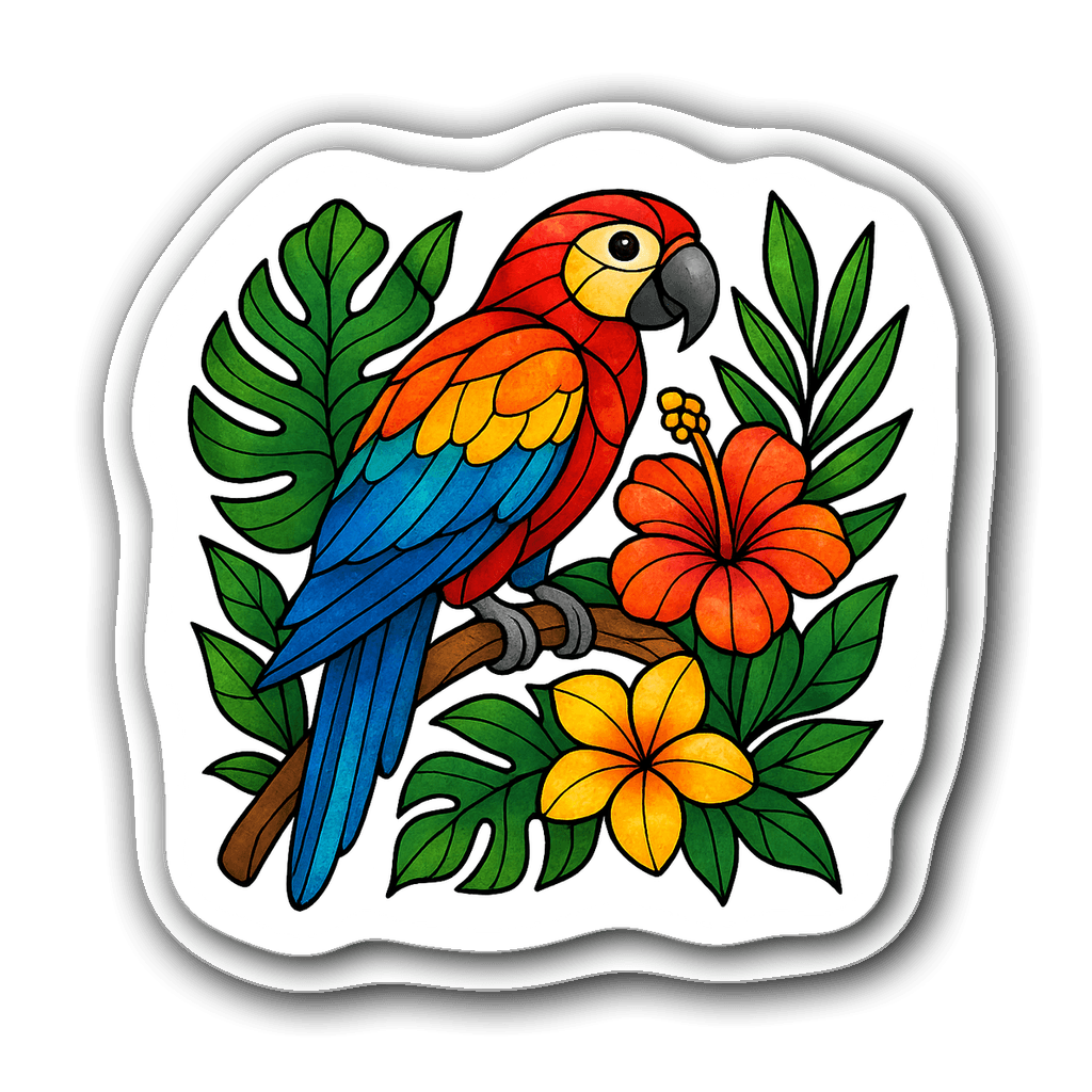 Whimsical stained glass parrot perched on a branch with flowers