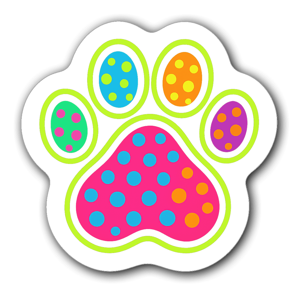 Colorful neon paw print sticker with playful designs