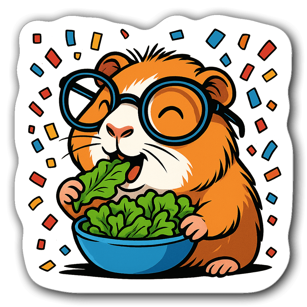 Joyful guinea pig sticker with oversized glasses and salad