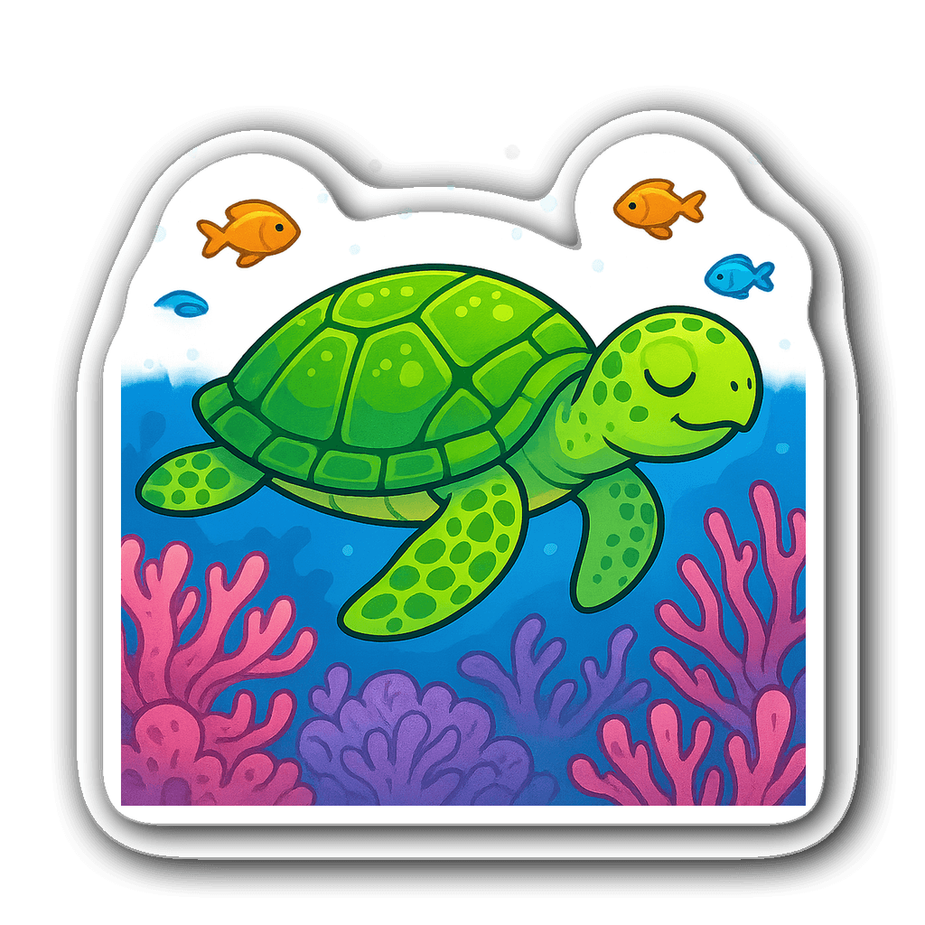 Cartoonish sea turtle gliding among colorful coral formations