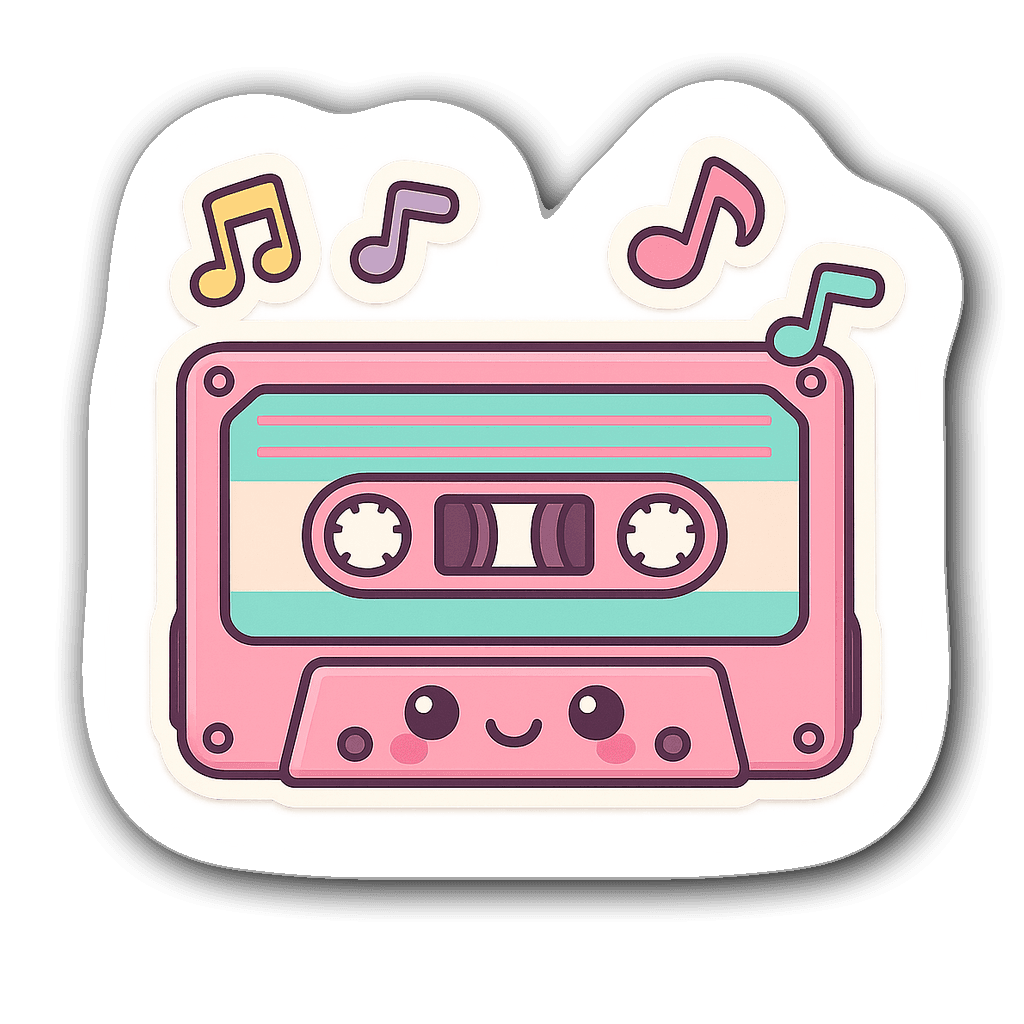 Kawaii retro vintage cassette tape sticker with music notes