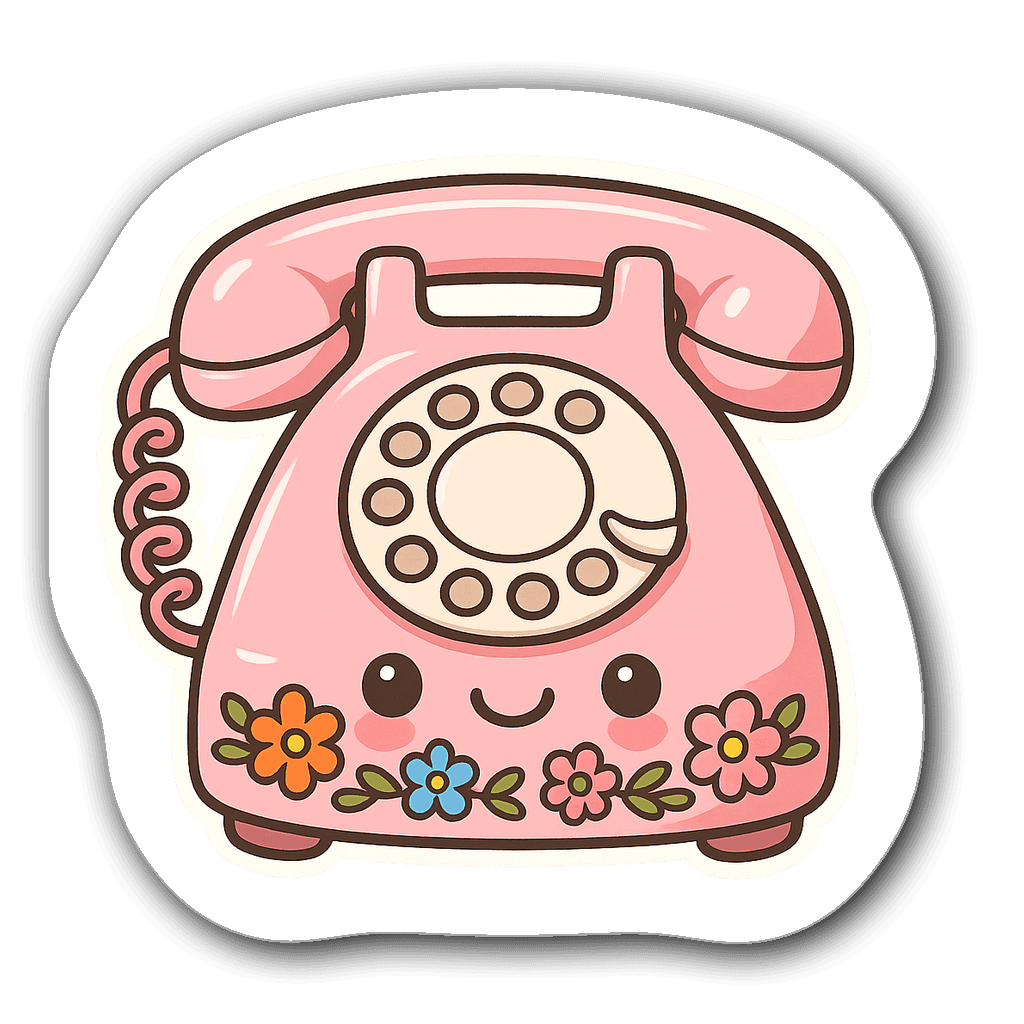 Kawaii chibi style rotary phone sticker with floral accents
