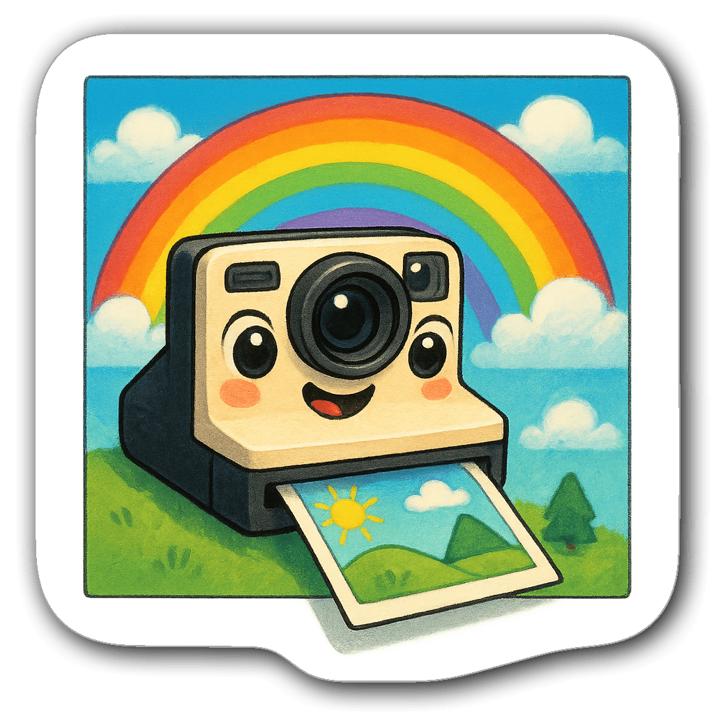 Kawaii Polaroid camera sticker with rainbow and clouds design