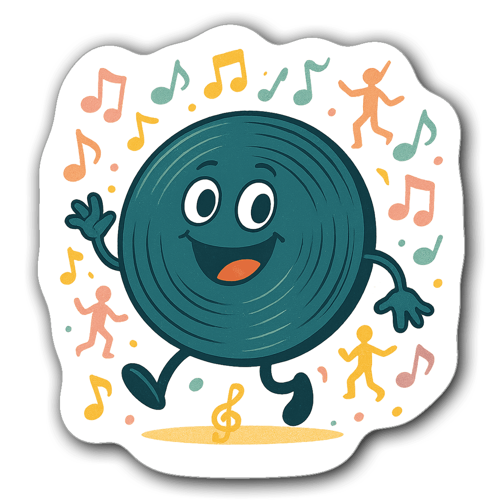 Kawaii retro vinyl record sticker with musical notes