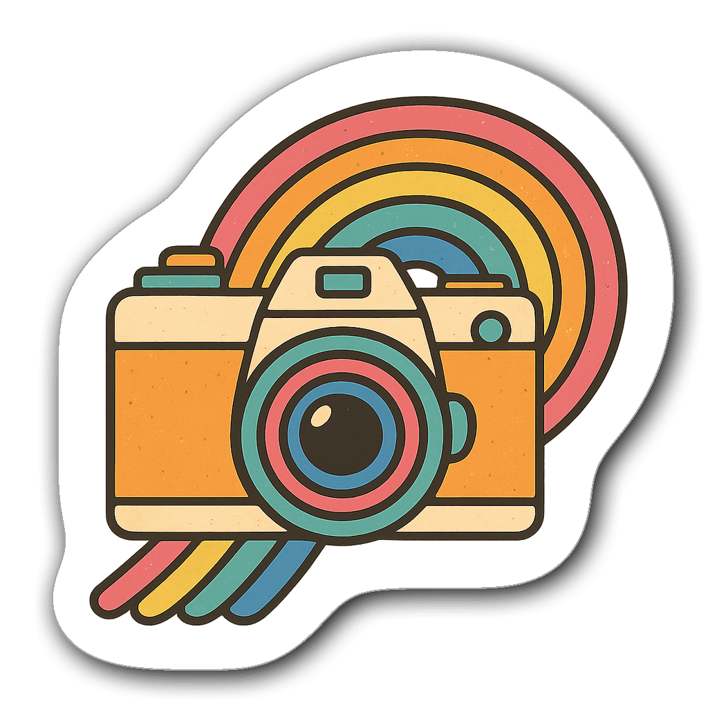 Die-cut sticker of a retro camera with rainbow flair