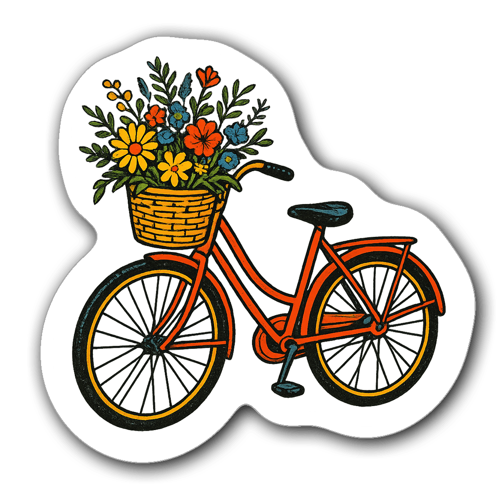Vintage bicycle sticker with wildflowers, die-cut design