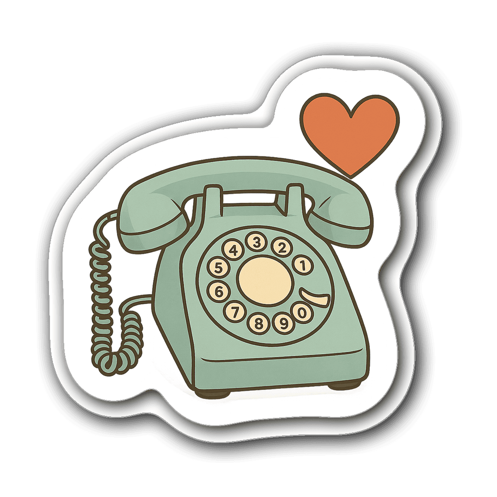 Retro rotary phone sticker with a heart in muted colors.