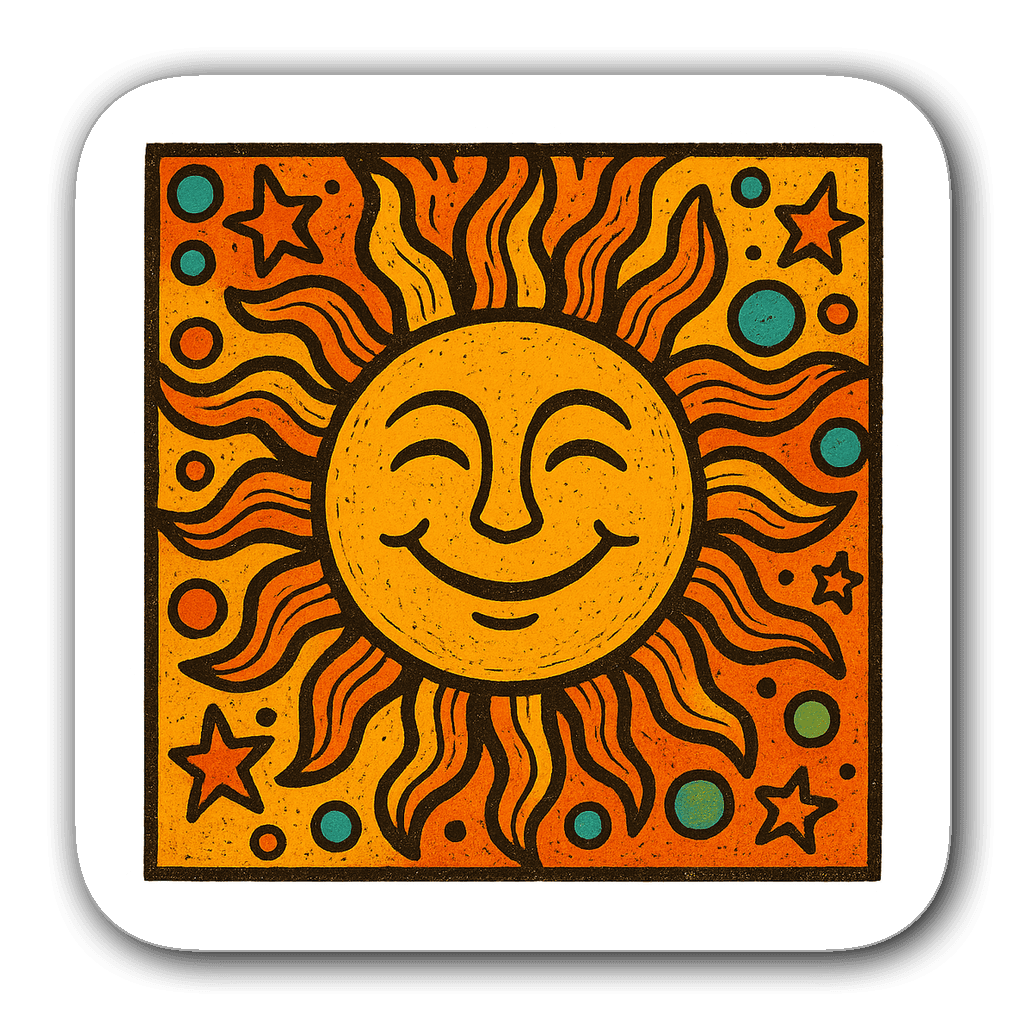 Retro sticker of a smiling sun with colorful rays and stars