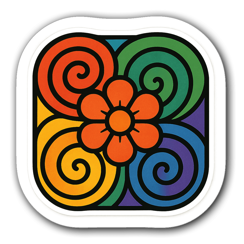 Retro geometric flower motif vinyl sticker in vibrant colors