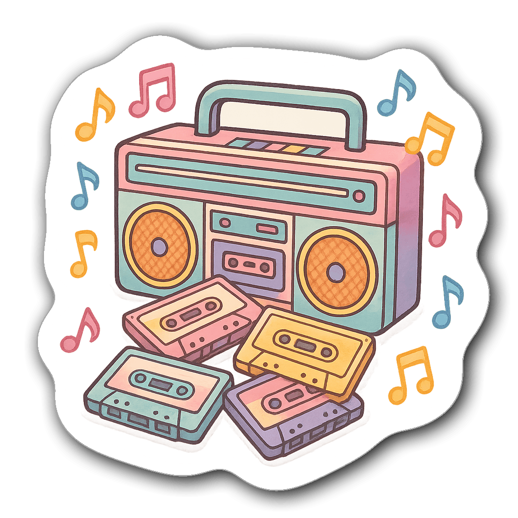 A pastel-colored retro boombox sticker with cassette tapes