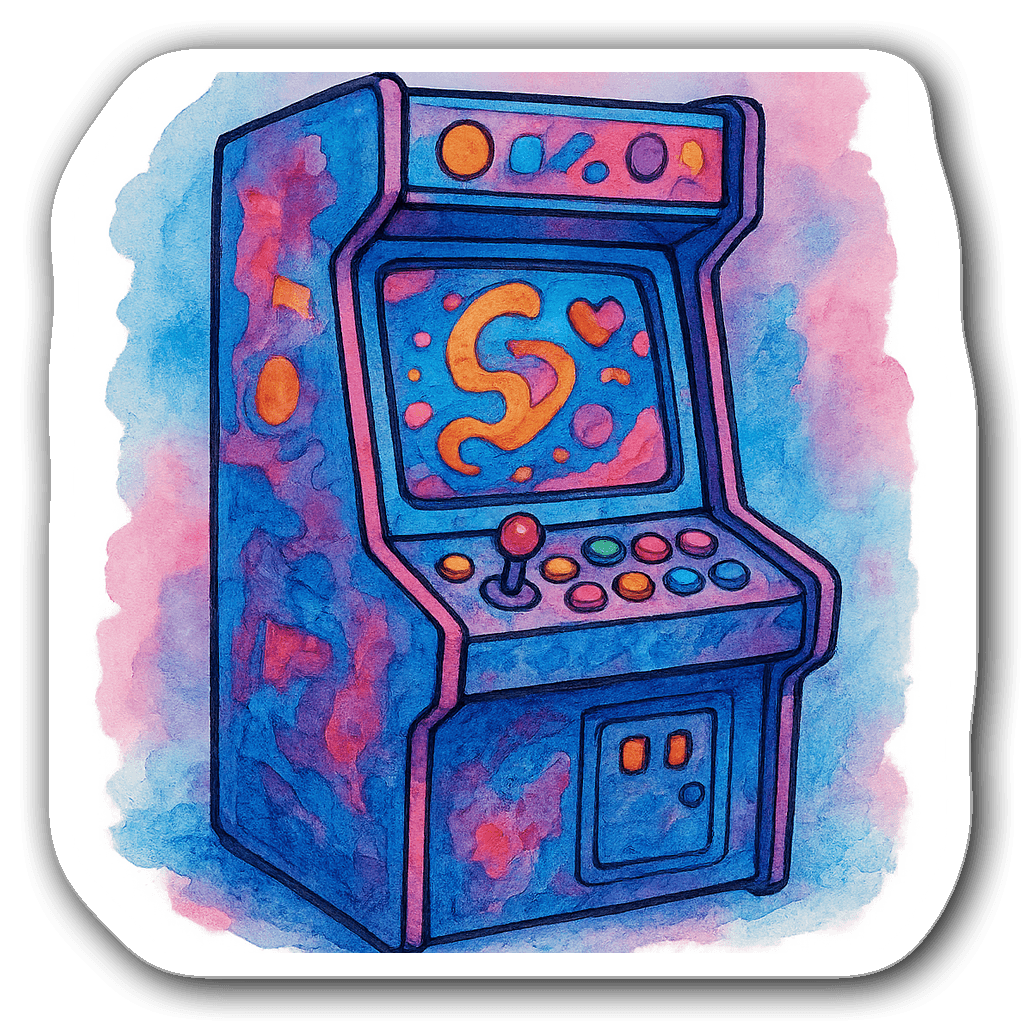 Watercolor illustration of a funky arcade machine with colorful buttons