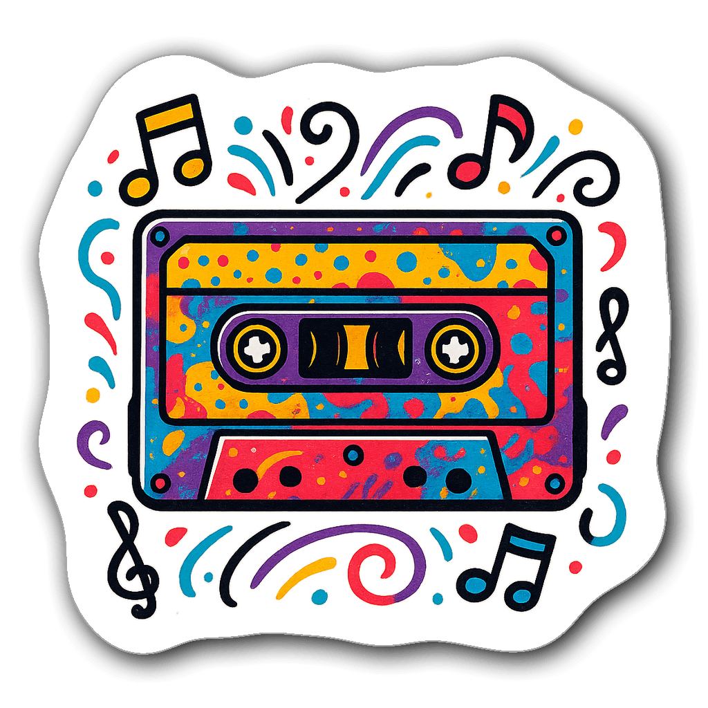 Retro cassette tape sticker in pink and teal with starburst pattern