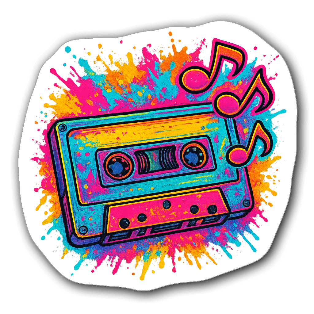 Neon cassette tape with graffiti splashes and musical notes