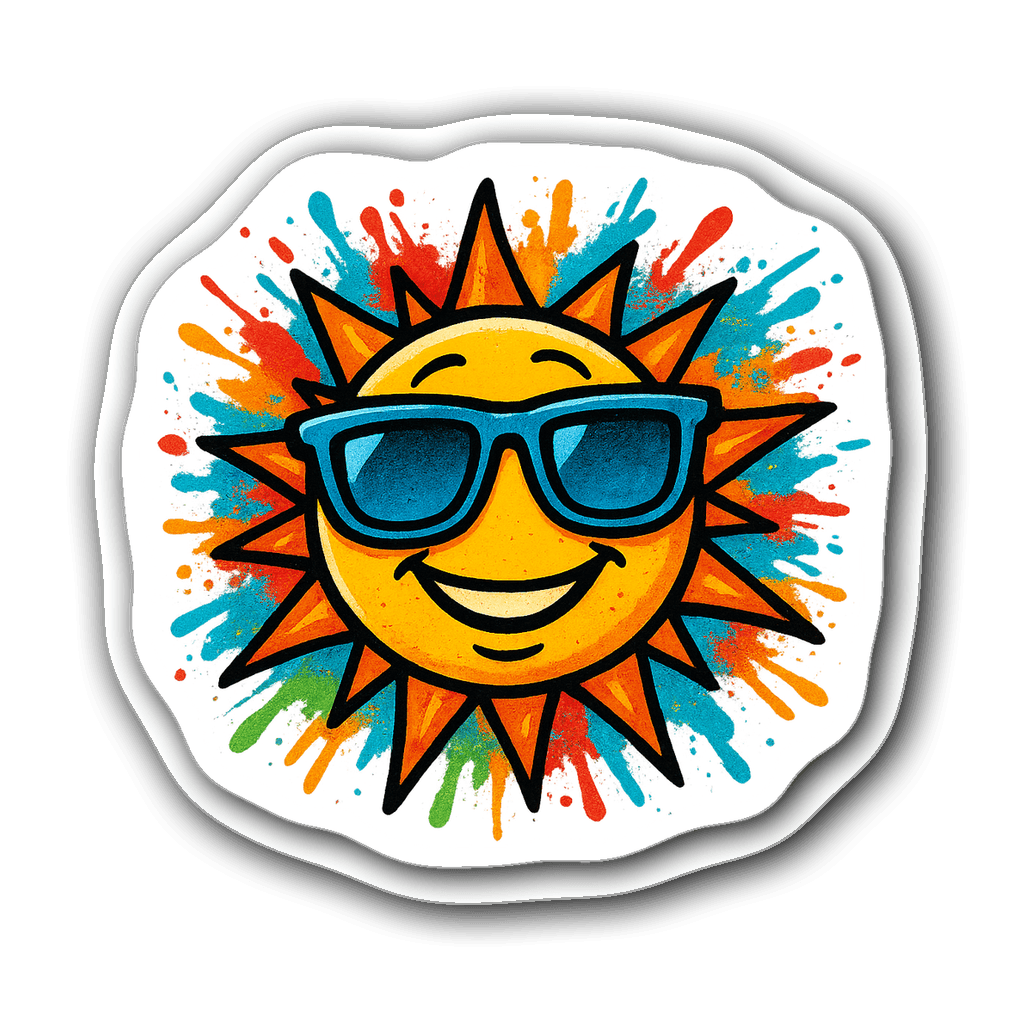 A colorful 90s styled graffiti sun sticker with sunglasses