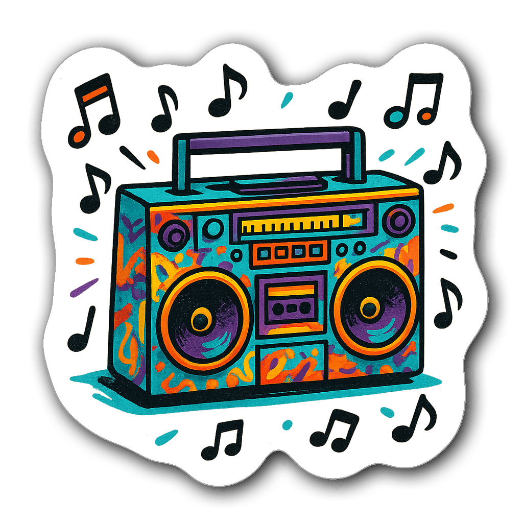 Retro-inspired boom box sticker with graffiti-style design