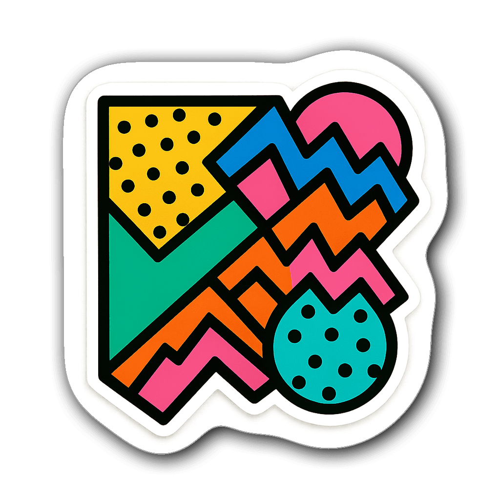 Vibrant 90s geometric abstract retro sticker with zigzags and polka dots