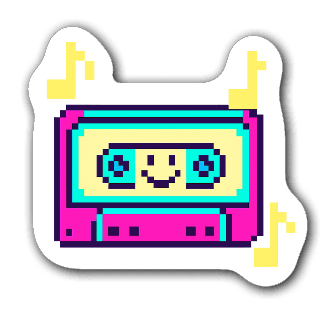 Pixel art 8-bit retro cassette tape sticker with musical notes