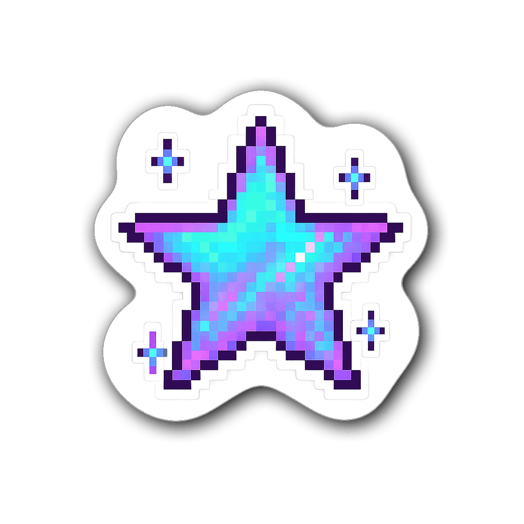 Holographic 8-bit pixel art star with sparkles